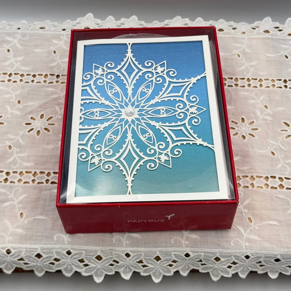 Papyrus Snowflake Holiday Cards Blue Ombre Laser Cut Gem 8ct Set 5x7 New
